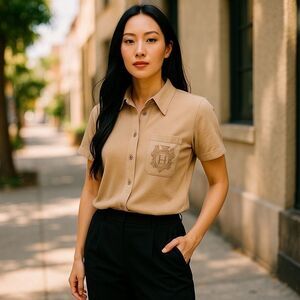 Hermes Tan Button Down Short Sleeve Shirt
